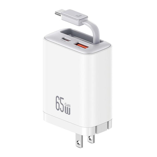 USAMS CC300 65W Fast Charger With Retractable USB-C / Type-C Cable, US Plug(White) - USB Charger by USAMS | Online Shopping UK | buy2fix