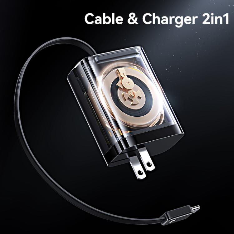 USAMS CC300 65W Fast Charger With Retractable USB-C / Type-C Cable, US Plug(Black) - USB Charger by USAMS | Online Shopping UK | buy2fix