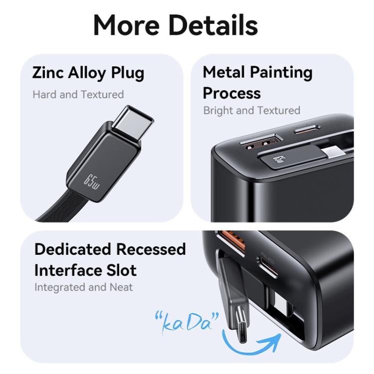 USAMS CC300 65W Fast Charger With Retractable USB-C / Type-C Cable, US Plug(Black) - USB Charger by USAMS | Online Shopping UK | buy2fix