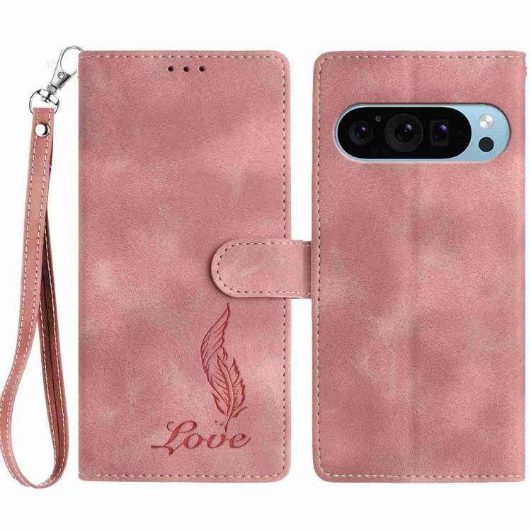 For Google Pixel 10 Pro Skin Feel Embossed Feather Leather Phone Case(Pink) - Google Cases by buy2fix | Online Shopping UK | buy2fix