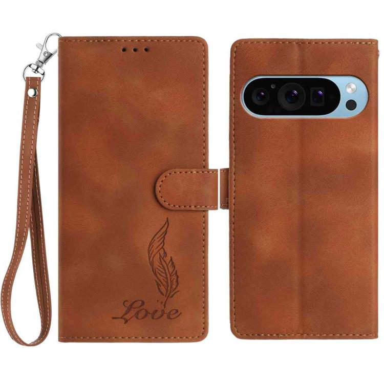 For Google Pixel 10 Pro Skin Feel Embossed Feather Leather Phone Case(Brown) - Google Cases by buy2fix | Online Shopping UK | buy2fix