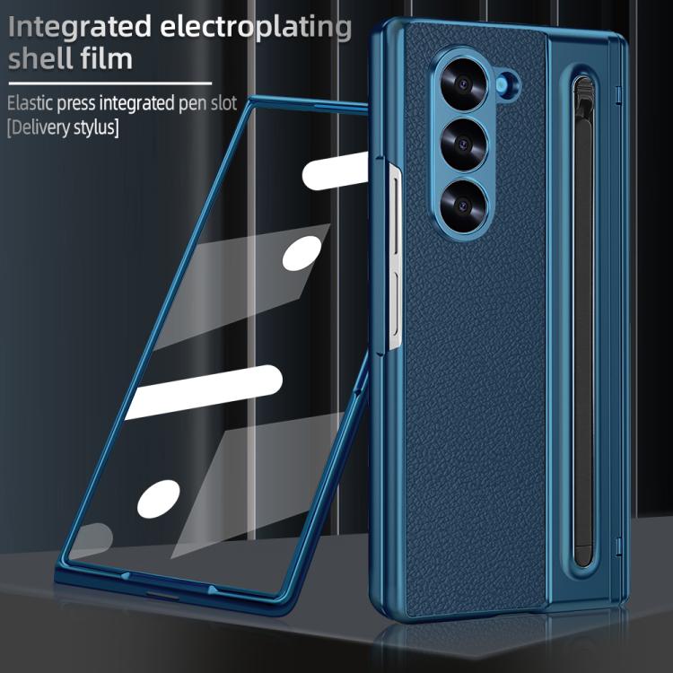 For Samsung Galaxy Z Fold6 5G VIETAO Electroplating Integrated Pen Slot Folding PU Phone Case with Stylus(Blue) - Galaxy Z Fold6 5G Cases by VIETAO | Online Shopping UK | buy2fix