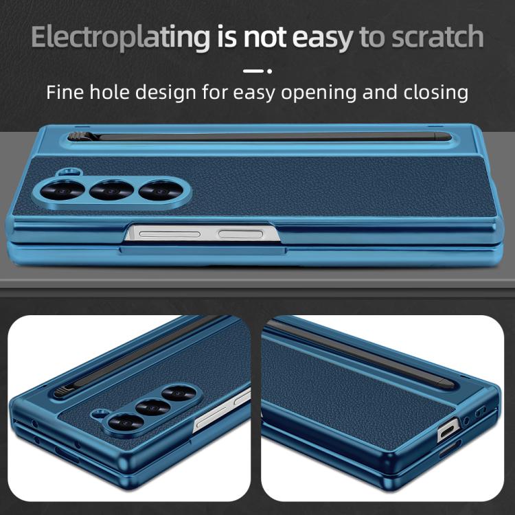 For Samsung Galaxy Z Fold5 5G VIETAO Electroplating Integrated Pen Slot Folding PU Phone Case with Stylus(Blue) - Galaxy Z Fold5 Cases by VIETAO | Online Shopping UK | buy2fix
