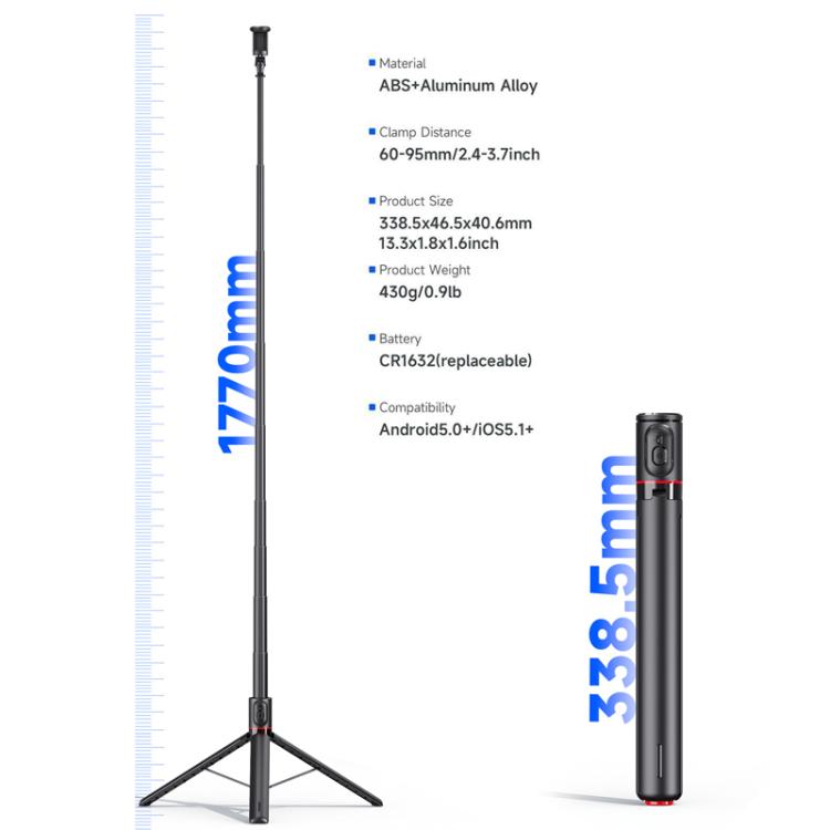 TT01 1.77m All-in-one Auto Pop Open Tripod Magnetic Remote Selfie Stick(Black) - Selfie Sticks by buy2fix | Online Shopping UK | buy2fix