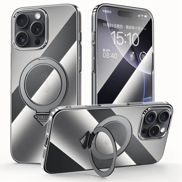 For iPhone 16 Pro SULADA Electroplated Transparent MagSafe Holder Phone Case(Black) - iPhone 16 Pro Cases by SULADA | Online Shopping UK | buy2fix