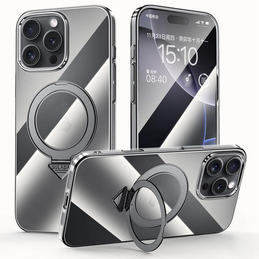 For iPhone 16 Pro SULADA Electroplated Transparent MagSafe Holder Phone Case(Black) - iPhone 16 Pro Cases by SULADA | Online Shopping UK | buy2fix