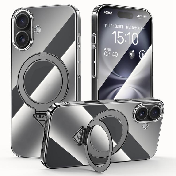 For iPhone 16 Plus SULADA Electroplated Transparent MagSafe Holder Phone Case(Black) - iPhone 16 Plus Cases by SULADA | Online Shopping UK | buy2fix