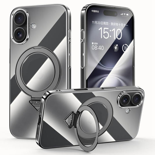 For iPhone 16 SULADA Electroplated Transparent MagSafe Holder Phone Case(Black) - iPhone 16 Cases by SULADA | Online Shopping UK | buy2fix