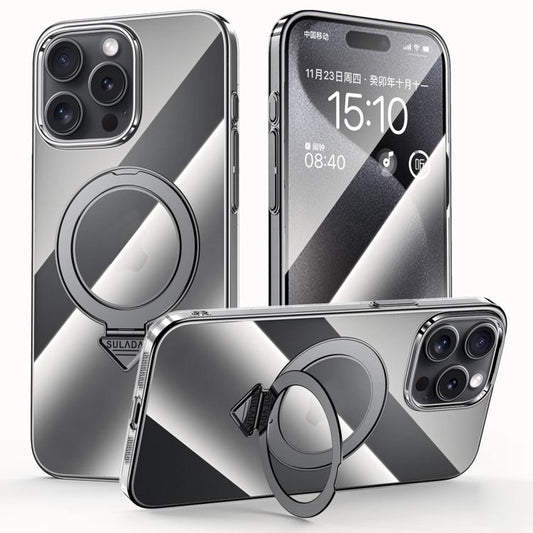 For iPhone 15 Pro Max SULADA Electroplated Transparent MagSafe Holder Phone Case(Black) - iPhone 15 Pro Max Cases by SULADA | Online Shopping UK | buy2fix