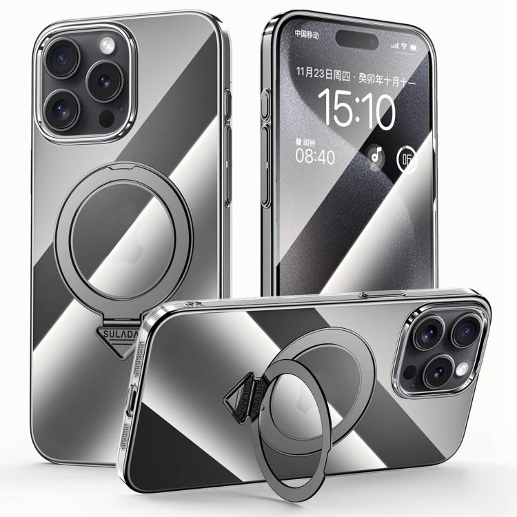 For iPhone 15 Pro SULADA Electroplated Transparent MagSafe Holder Phone Case(Black) - iPhone 15 Pro Cases by SULADA | Online Shopping UK | buy2fix