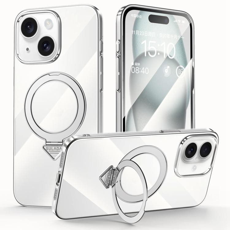 For iPhone 15 SULADA Electroplated Transparent MagSafe Holder Phone Case(Silver) - iPhone 15 Cases by SULADA | Online Shopping UK | buy2fix