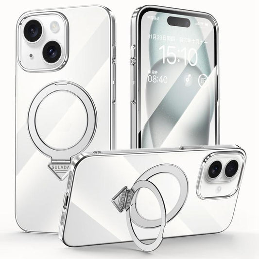 For iPhone 15 SULADA Electroplated Transparent MagSafe Holder Phone Case(Silver) - iPhone 15 Cases by SULADA | Online Shopping UK | buy2fix