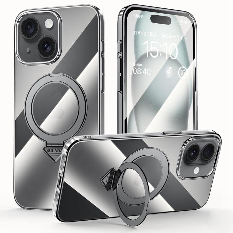 For iPhone 15 SULADA Electroplated Transparent MagSafe Holder Phone Case(Black) - iPhone 15 Cases by SULADA | Online Shopping UK | buy2fix