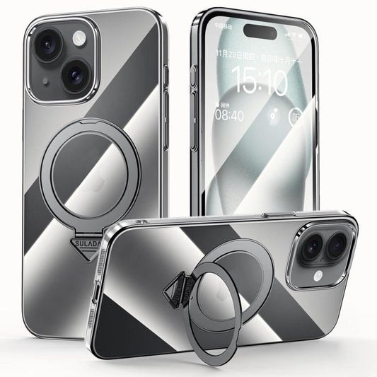 For iPhone 15 SULADA Electroplated Transparent MagSafe Holder Phone Case(Black) - iPhone 15 Cases by SULADA | Online Shopping UK | buy2fix