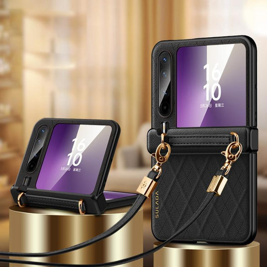 For Huawei Pura X SULADA Elegant Rhombic Texture Folding Phone Case with Lanyard(Black)