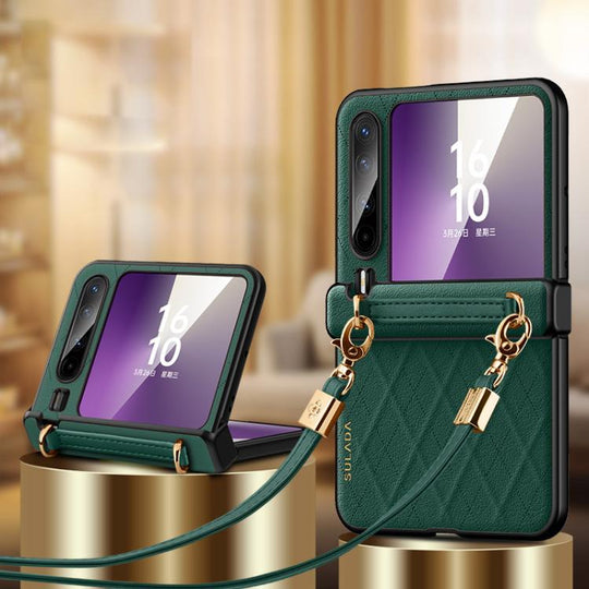 For Huawei Pura X SULADA Elegant Rhombic Texture Folding Phone Case with Lanyard(Green)