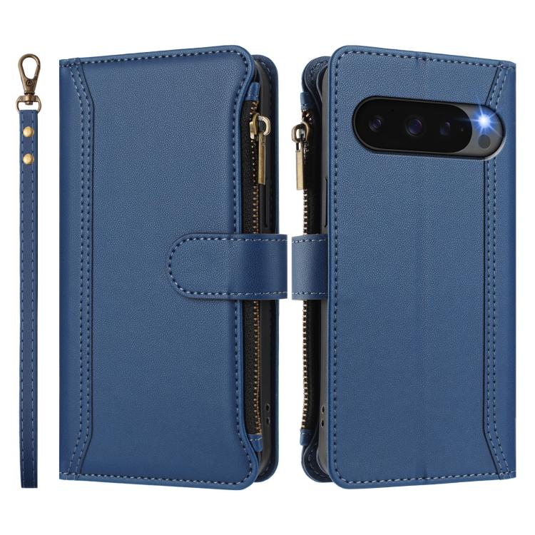 For Google Pixel 10 5G Global Magnetic Closure 9 Card Slots Zipper Leather Case with Hand Strap(Dark Blue) - Google Cases by buy2fix | Online Shopping UK | buy2fix
