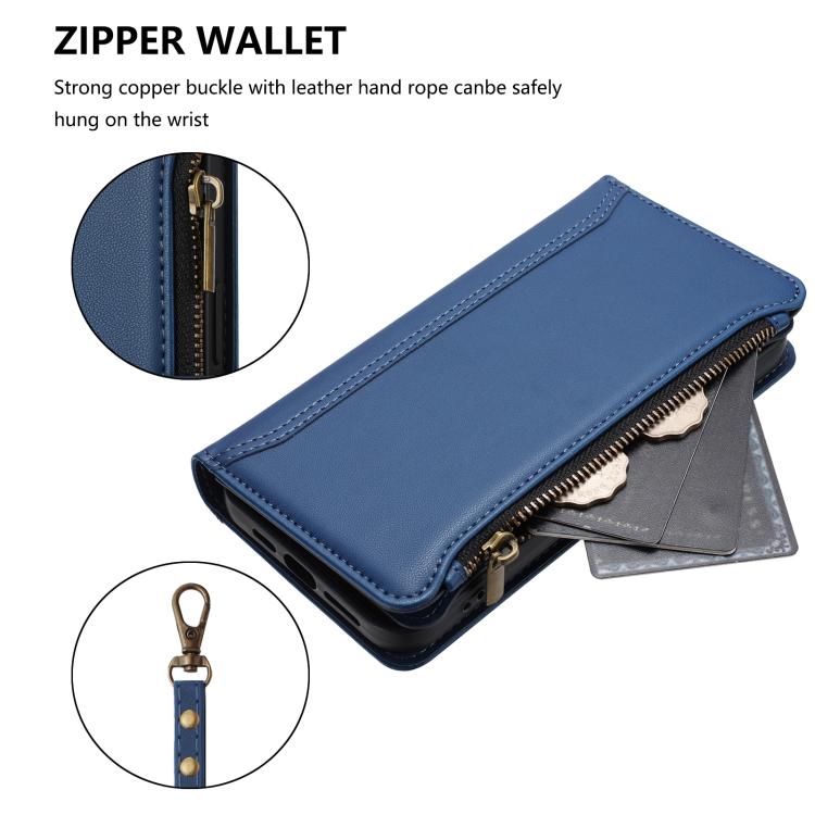 For Google Pixel 10 5G Global Magnetic Closure 9 Card Slots Zipper Leather Case with Hand Strap(Dark Blue) - Google Cases by buy2fix | Online Shopping UK | buy2fix