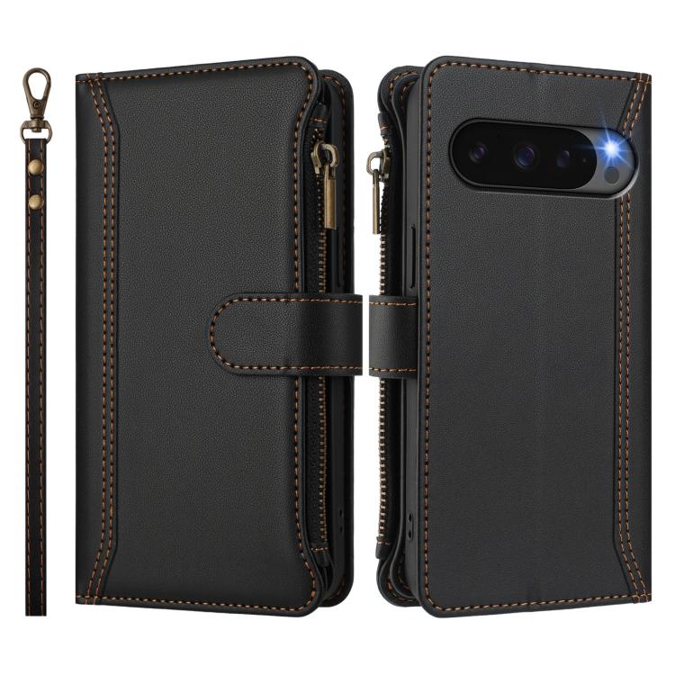 For Google Pixel 10 5G Global Magnetic Closure 9 Card Slots Zipper Leather Case with Hand Strap(Black) - Google Cases by buy2fix | Online Shopping UK | buy2fix
