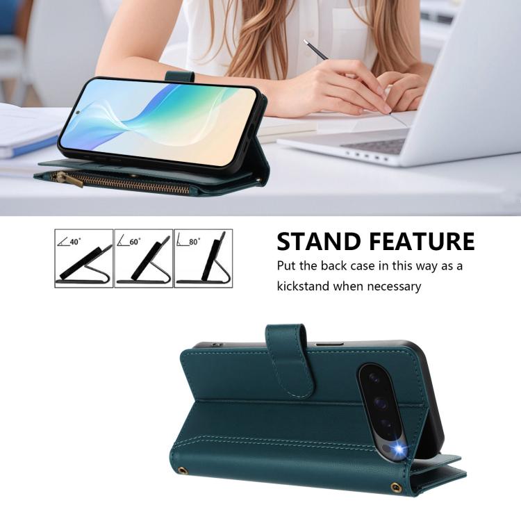 For Google Pixel 10 5G Global Magnetic Closure 9 Card Slots Zipper Leather Case with Hand Strap(Dark Green) - Google Cases by buy2fix | Online Shopping UK | buy2fix
