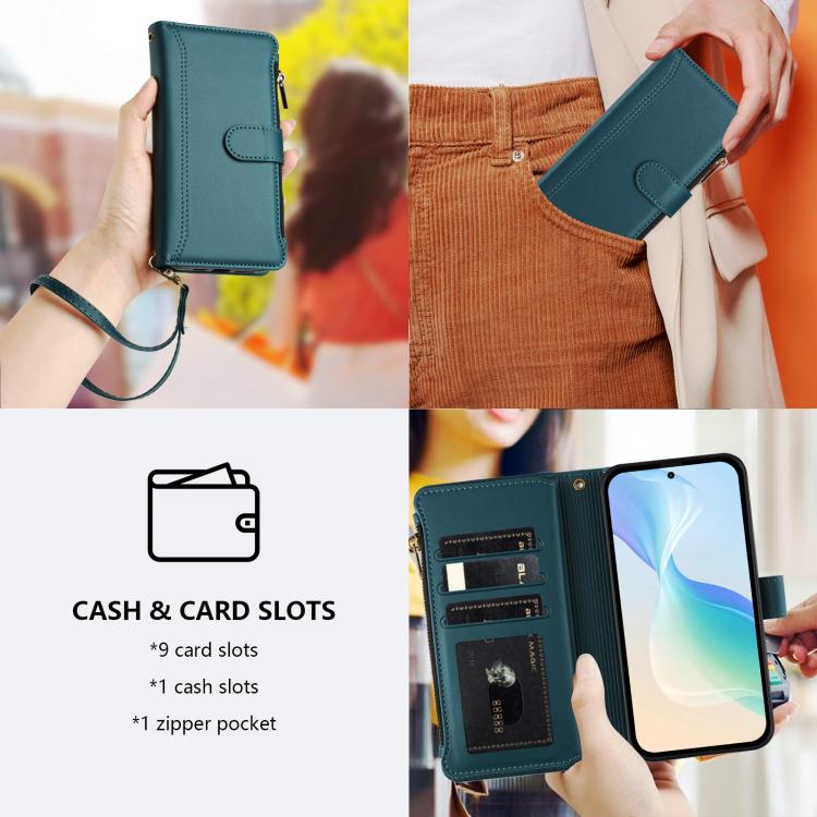For Google Pixel 10 5G Global Magnetic Closure 9 Card Slots Zipper Leather Case with Hand Strap(Dark Green) - Google Cases by buy2fix | Online Shopping UK | buy2fix