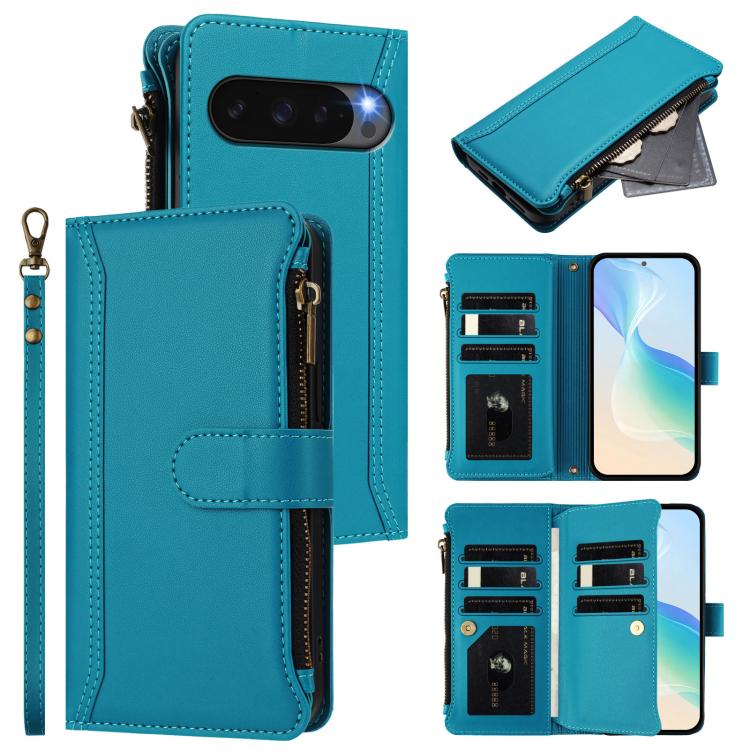 For Google Pixel 10 5G Global Magnetic Closure 9 Card Slots Zipper Leather Case with Hand Strap(Turquoise) - Google Cases by buy2fix | Online Shopping UK | buy2fix