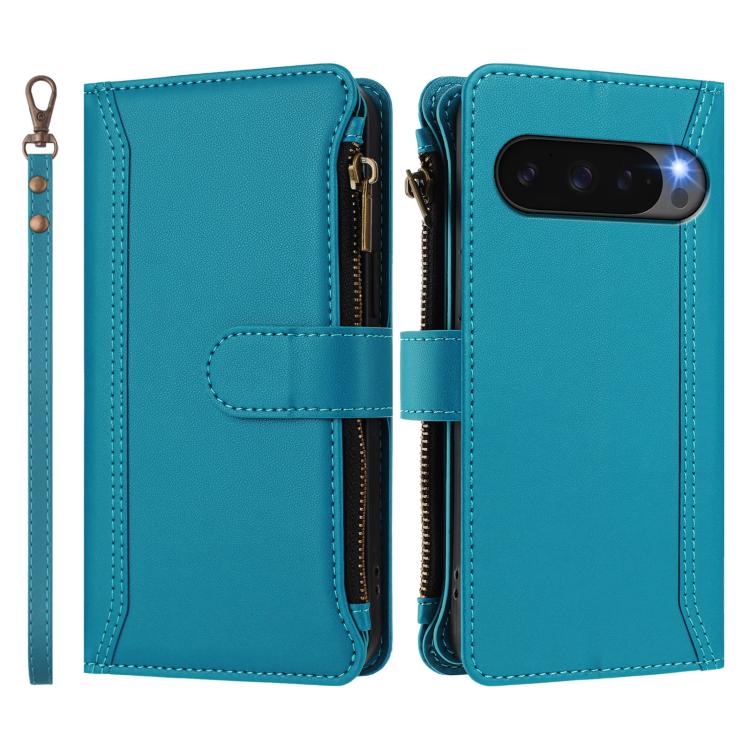 For Google Pixel 10 5G Global Magnetic Closure 9 Card Slots Zipper Leather Case with Hand Strap(Turquoise) - Google Cases by buy2fix | Online Shopping UK | buy2fix