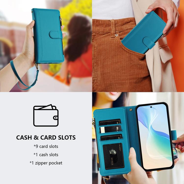 For Google Pixel 10 5G Global Magnetic Closure 9 Card Slots Zipper Leather Case with Hand Strap(Turquoise) - Google Cases by buy2fix | Online Shopping UK | buy2fix