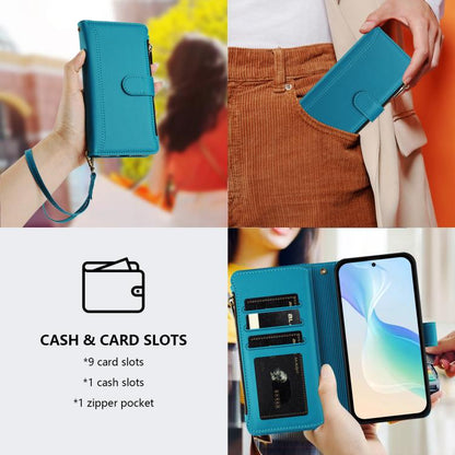 For Google Pixel 10 5G Global Magnetic Closure 9 Card Slots Zipper Leather Case with Hand Strap(Turquoise) - Google Cases by buy2fix | Online Shopping UK | buy2fix