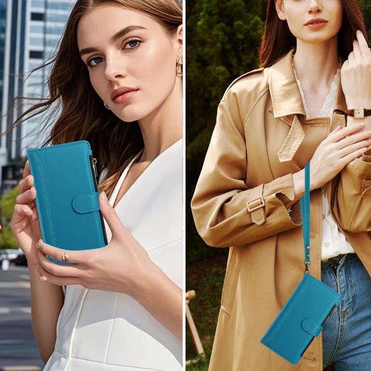 For Google Pixel 10 5G Global Magnetic Closure 9 Card Slots Zipper Leather Case with Hand Strap(Turquoise) - Google Cases by buy2fix | Online Shopping UK | buy2fix