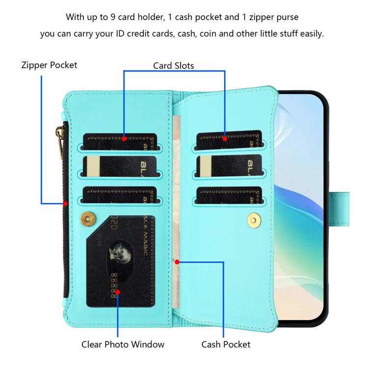 For Google Pixel 10 5G Global Magnetic Closure 9 Card Slots Zipper Leather Case with Hand Strap(Mint Green) - Google Cases by buy2fix | Online Shopping UK | buy2fix