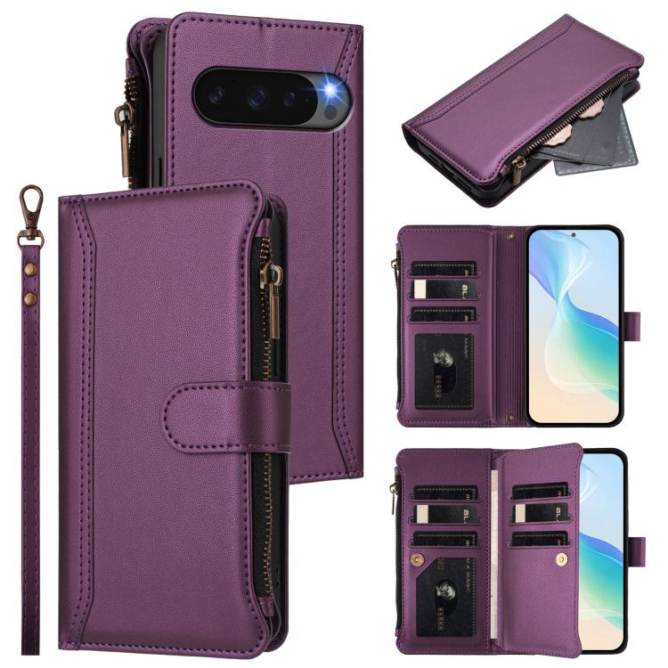 For Google Pixel 10 5G Global Magnetic Closure 9 Card Slots Zipper Leather Case with Hand Strap(Purple) - Google Cases by buy2fix | Online Shopping UK | buy2fix