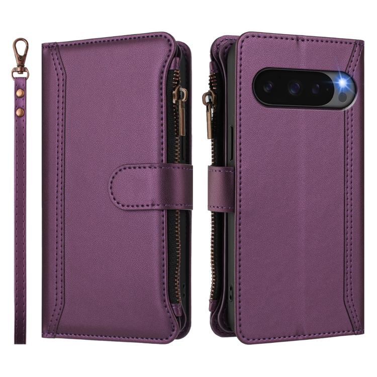 For Google Pixel 10 5G Global Magnetic Closure 9 Card Slots Zipper Leather Case with Hand Strap(Purple) - Google Cases by buy2fix | Online Shopping UK | buy2fix