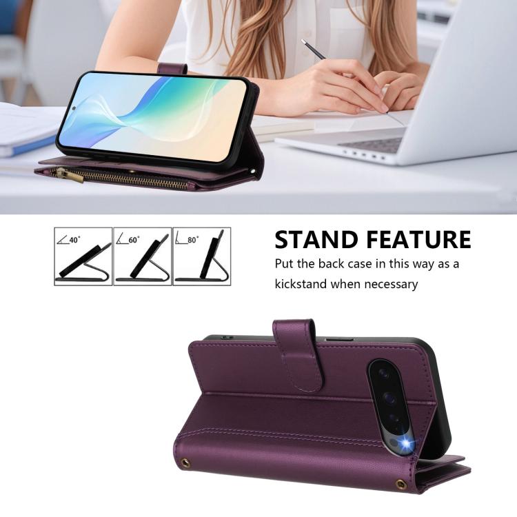 For Google Pixel 10 5G Global Magnetic Closure 9 Card Slots Zipper Leather Case with Hand Strap(Purple) - Google Cases by buy2fix | Online Shopping UK | buy2fix