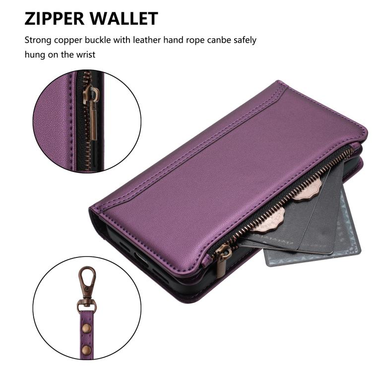 For Google Pixel 10 5G Global Magnetic Closure 9 Card Slots Zipper Leather Case with Hand Strap(Purple) - Google Cases by buy2fix | Online Shopping UK | buy2fix