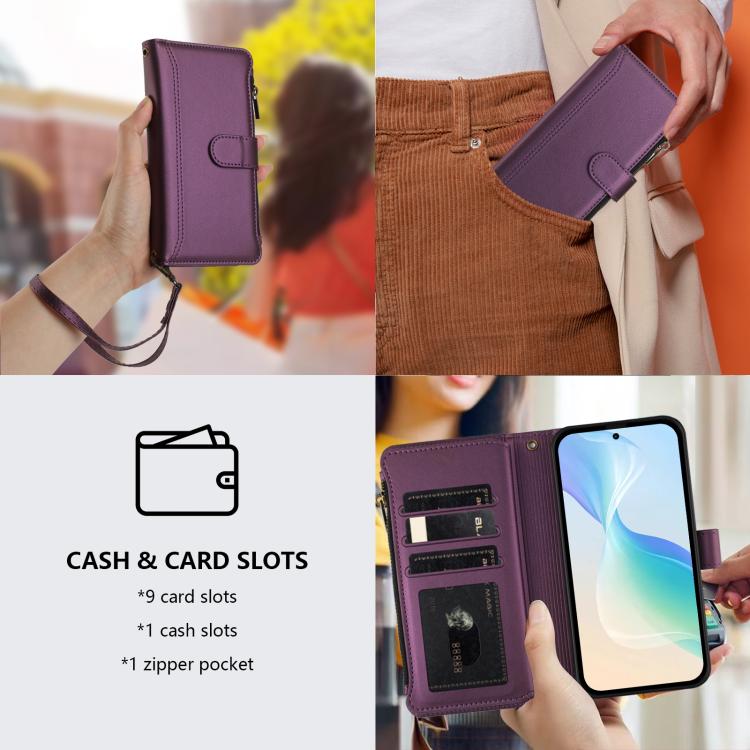For Google Pixel 10 5G Global Magnetic Closure 9 Card Slots Zipper Leather Case with Hand Strap(Purple) - Google Cases by buy2fix | Online Shopping UK | buy2fix