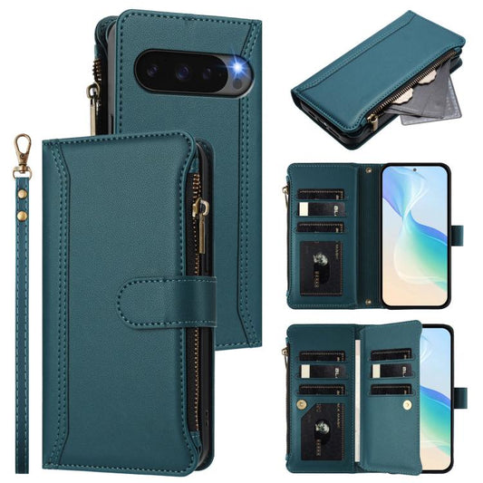 For Google Pixel 10 Pro XL 5G Magnetic Closure 9 Card Slots Zipper Leather Case with Hand Strap(Dark Green) - Google Cases by buy2fix | Online Shopping UK | buy2fix