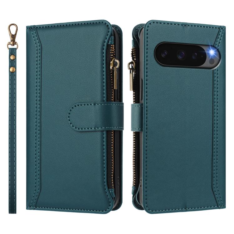 For Google Pixel 10 Pro XL 5G Magnetic Closure 9 Card Slots Zipper Leather Case with Hand Strap(Dark Green) - Google Cases by buy2fix | Online Shopping UK | buy2fix