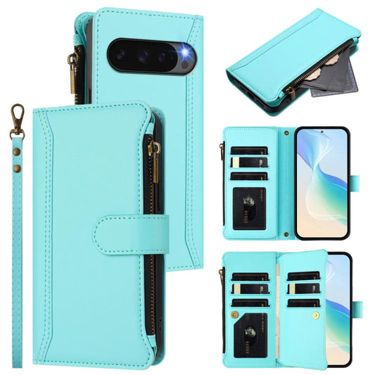 For Google Pixel 10 Pro XL 5G Magnetic Closure 9 Card Slots Zipper Leather Case with Hand Strap(Mint Green) - Google Cases by buy2fix | Online Shopping UK | buy2fix