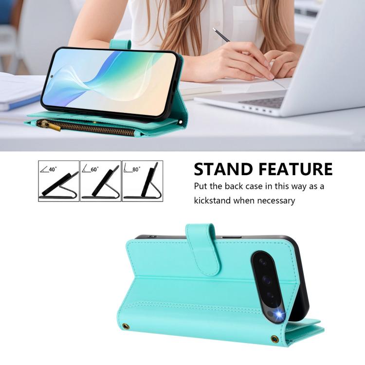 For Google Pixel 10 Pro XL 5G Magnetic Closure 9 Card Slots Zipper Leather Case with Hand Strap(Mint Green) - Google Cases by buy2fix | Online Shopping UK | buy2fix