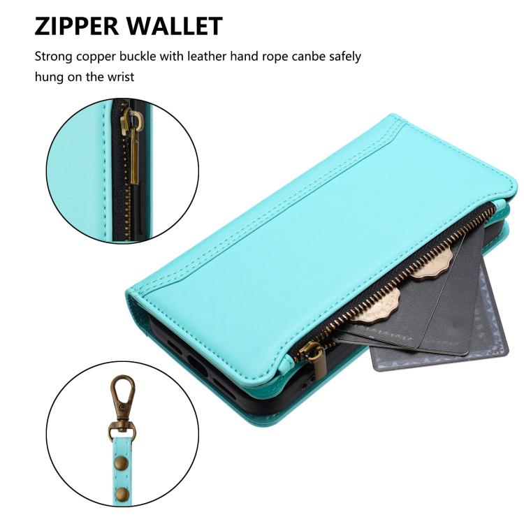 For Google Pixel 10 Pro XL 5G Magnetic Closure 9 Card Slots Zipper Leather Case with Hand Strap(Mint Green) - Google Cases by buy2fix | Online Shopping UK | buy2fix