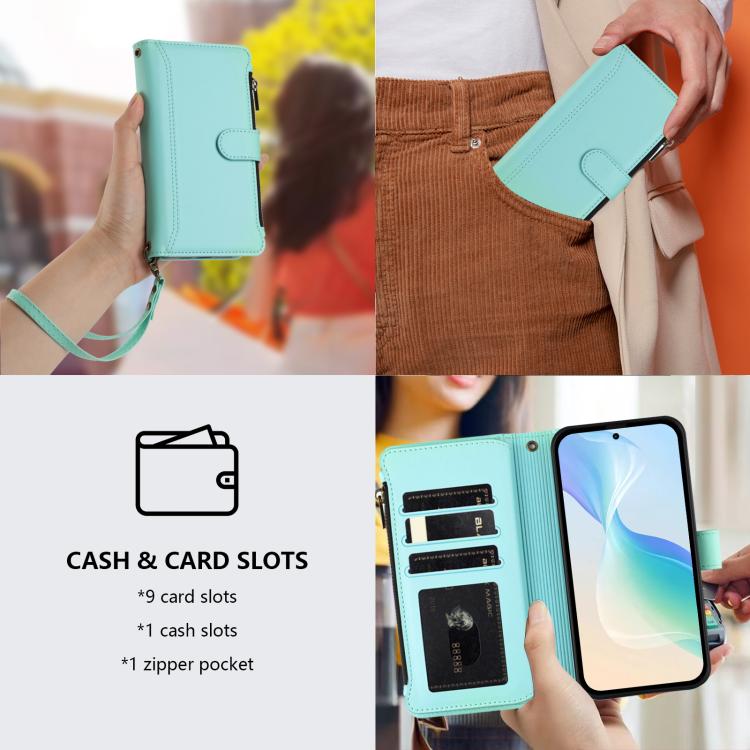For Google Pixel 10 Pro XL 5G Magnetic Closure 9 Card Slots Zipper Leather Case with Hand Strap(Mint Green) - Google Cases by buy2fix | Online Shopping UK | buy2fix