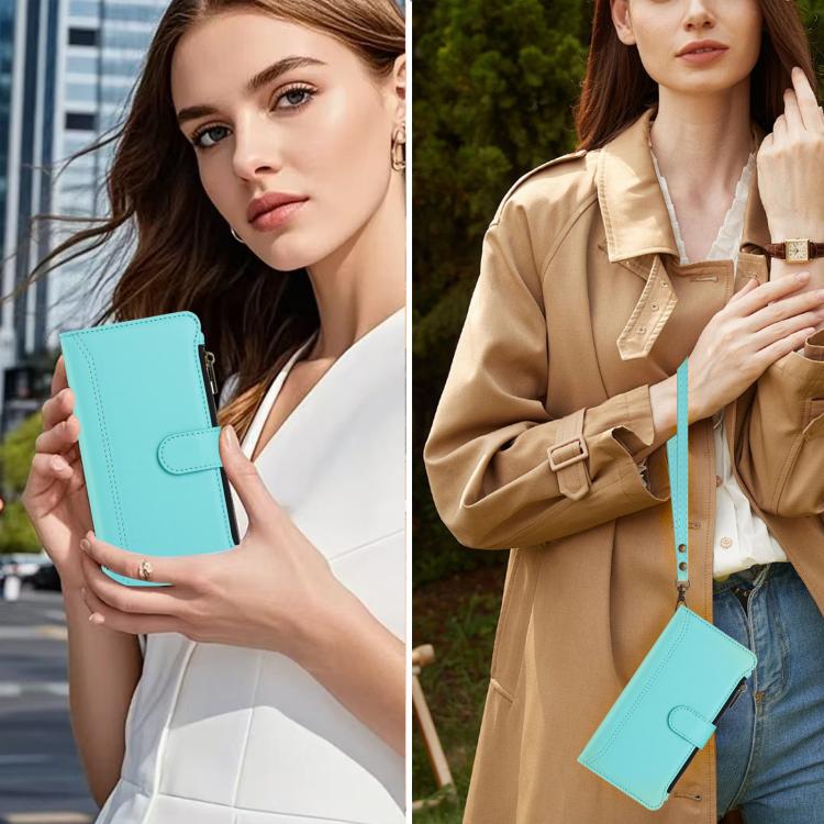 For Google Pixel 10 Pro XL 5G Magnetic Closure 9 Card Slots Zipper Leather Case with Hand Strap(Mint Green) - Google Cases by buy2fix | Online Shopping UK | buy2fix