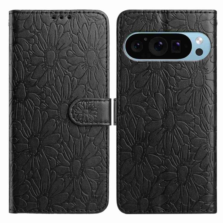 For Google Pixel 10 Pro Daisy Embossed Leather Phone Case(Black) - Google Cases by buy2fix | Online Shopping UK | buy2fix
