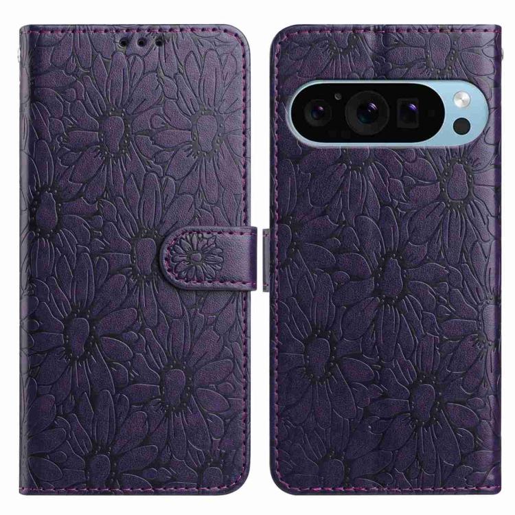 For Google Pixel 10 Pro Daisy Embossed Leather Phone Case(Dark Purple) - Google Cases by buy2fix | Online Shopping UK | buy2fix