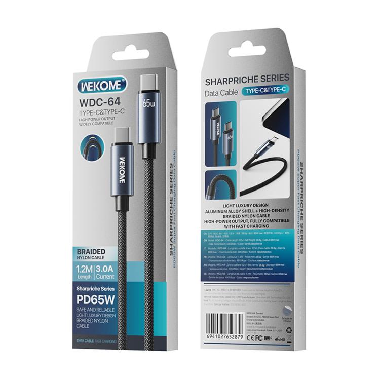 WK WDC-64 PD65W Type-C to Type-C Fast Charging Data Cable, Length: 1.2m(Black) - USB-C & Type-C Cable by WK | Online Shopping UK | buy2fix