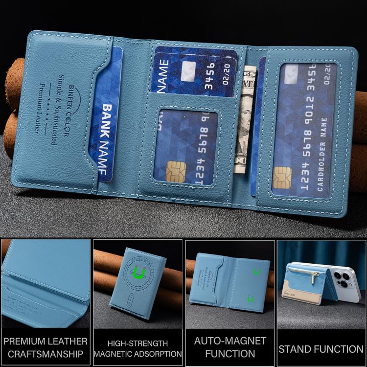 Zipper Leather Horizontal Magnetic Wallet Card Bag Case(Light Blue) - Adhesive Card Holders by buy2fix | Online Shopping UK | buy2fix