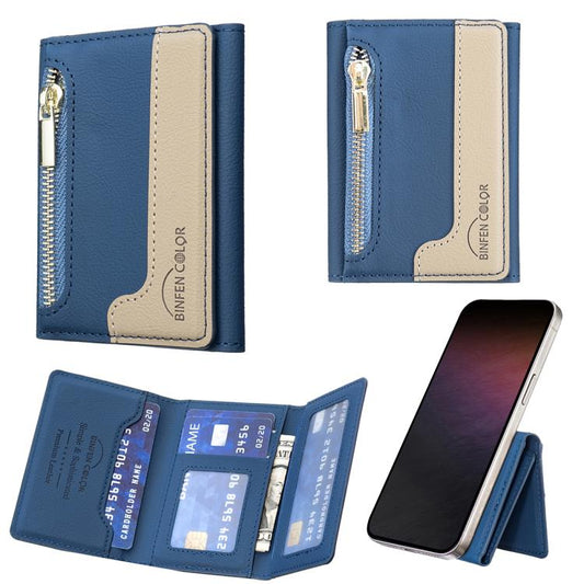 Zipper Leather Horizontal Magnetic Wallet Card Bag Case(Dark Blue) - Adhesive Card Holders by buy2fix | Online Shopping UK | buy2fix