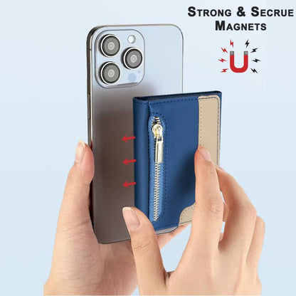 Zipper Leather Horizontal Magnetic Wallet Card Bag Case(Dark Blue) - Adhesive Card Holders by buy2fix | Online Shopping UK | buy2fix