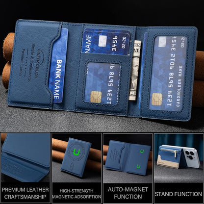 Zipper Leather Horizontal Magnetic Wallet Card Bag Case(Dark Blue) - Adhesive Card Holders by buy2fix | Online Shopping UK | buy2fix